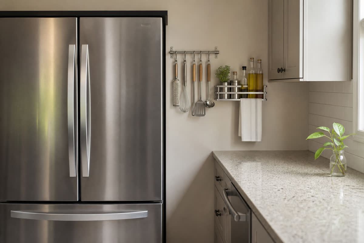 A calm, organized kitchen with clear counters and tidy storage