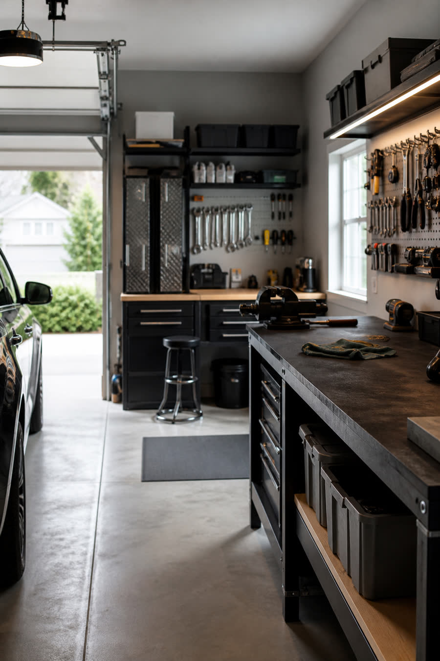 A clean modern residential garage workshop