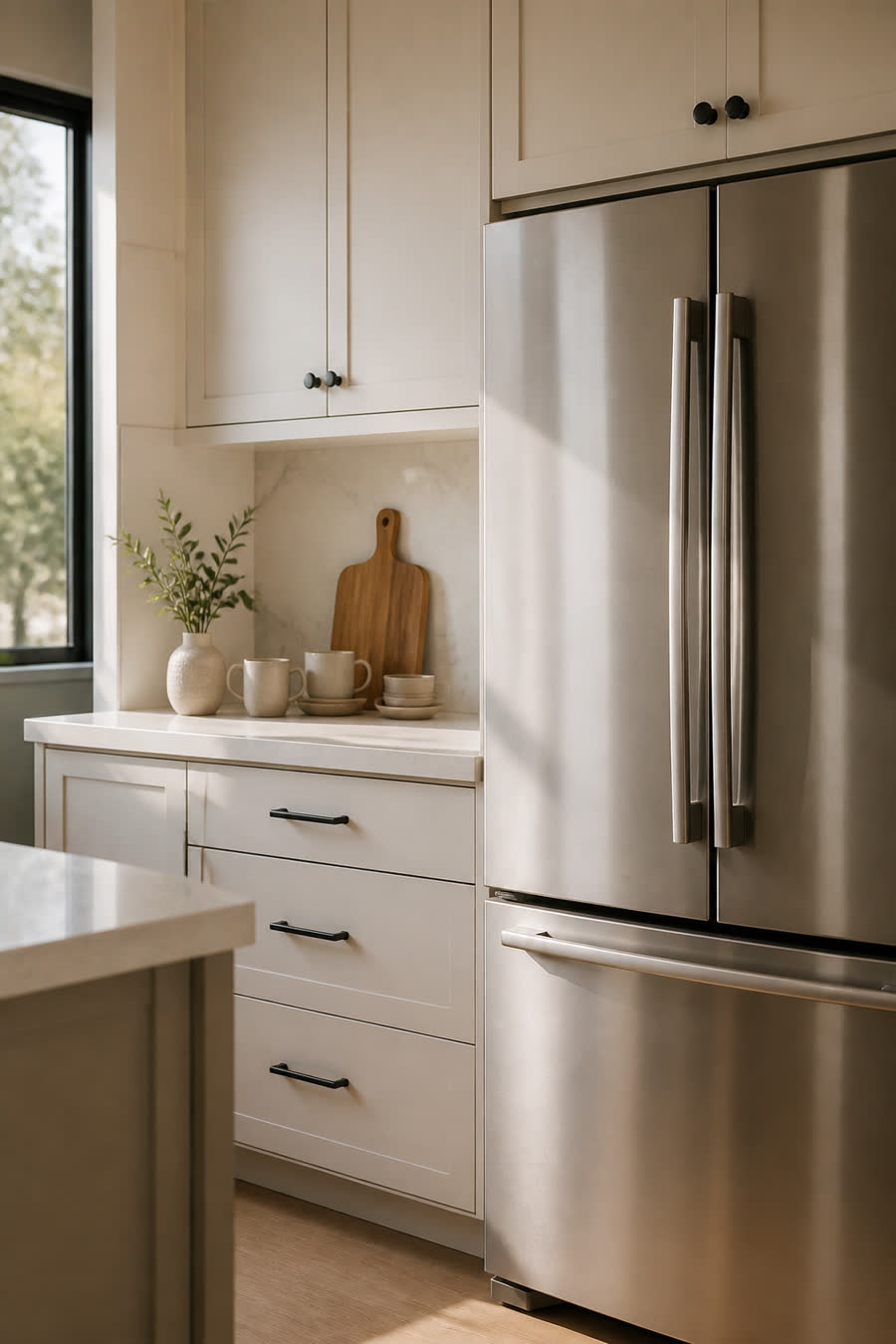 A bright modern kitchen with a stainless steel refrigerator